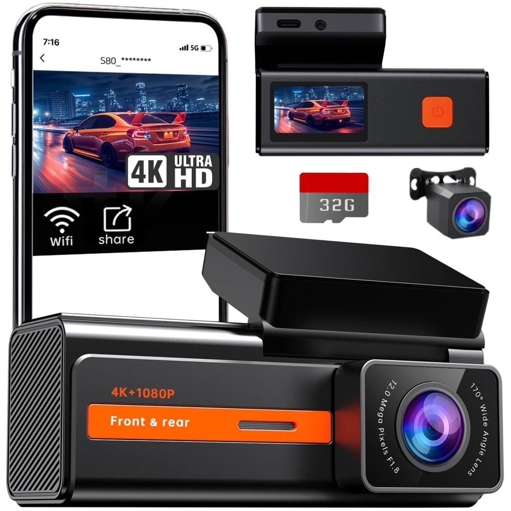 NEW 4K 2 in 1 Dash Camera Front and Rear 170°Wide Night Vision 24H Parking, Loop